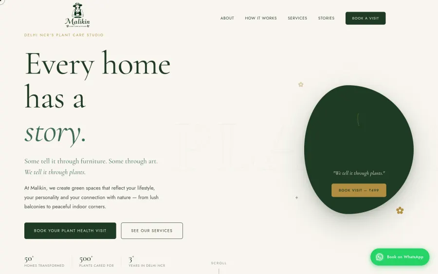 Malikin plant care studio booking website